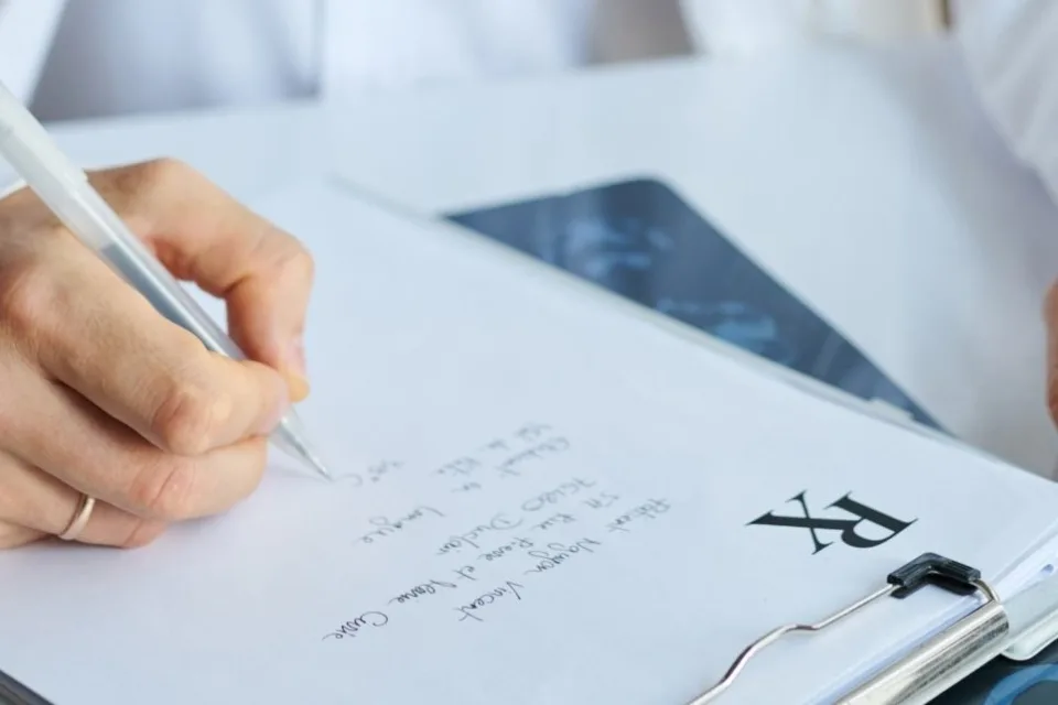 Healthcare professional signing a document at a desk